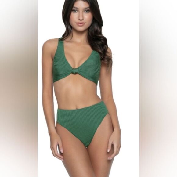 PQ Swim Ribbed Bikini Set Reversible Green Desert Rose Floralb Size S - Picture 1 of 9